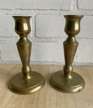 Pair 2 Vintage Brass Short Candlestick Holders W/ Japanese Temple Pagoda