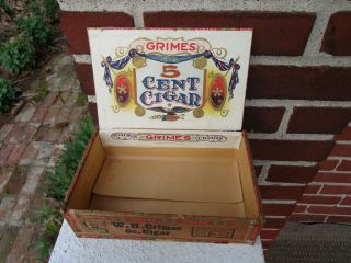 Vintage W.  H.  Grimes Cigar Box Wooden Wood 5 Cent Cigar Nickel Leaders Store