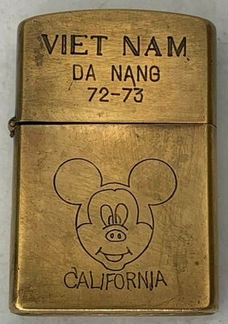 Brass Vietnam Zippo Lighter Double Sided,  Strikes But Damage,  1972 - 73,  Mickey