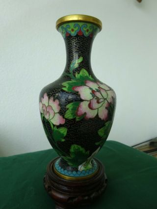 Vintage Chinese Cloisonne Enamel Vase - Floral Design With Wood Base