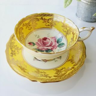 Vtg Paragon Yellow Tea Cup & Saucer Floating Rose By Appointment H.  M.  Queen Mary