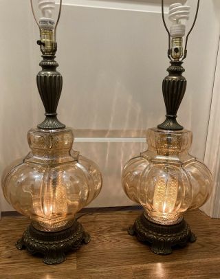 Large 39” Vintage Hollywood Regency Iridescent Amber Glass Lamps