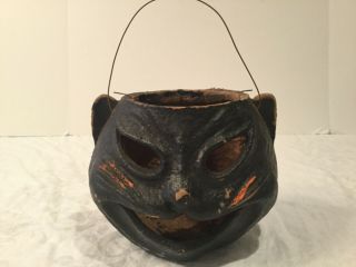 Vintage Paper Mache Jack O Lantern Halloween Pumpkin Black Cat With Wire Handle