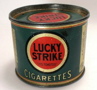 Vintage 1940s Lucky Strike Cigarettes Round Tobacco Tin Litho Design With Lid