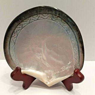 Decorative Abalone Sea Shell With Wood Stand From Bora Bora Pattern Inlay 4 " X5 "