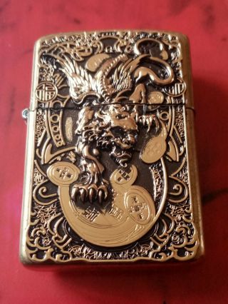 Solid Brass Golden Devil Dragon Zippo With Replaced Chrome 2015 Insert