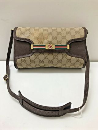 Authentic Vintage Gucci Gg Monogram Canvas Brown Leather Crossbody Shoulder Bag