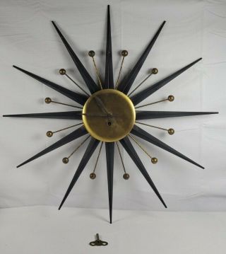 Vintage Wrought Iron And Brass Sunburst Wall Wind Up Clock With Key