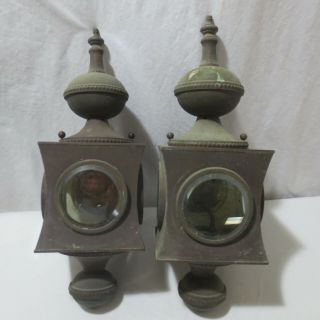 Pair Vtg Antique Carriage Coach Lamps Lantern Wall Lighting Electric Fixtures