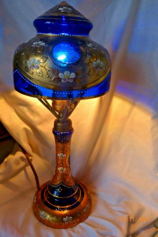 Antique Vintage Bohemian Art Glass Lamp Cobalt Blue Gold Electric Floral Table