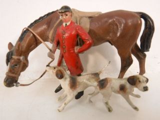 Vintage Vienna Bronze Figure Fox Hunter Standing By Horse W/ Rein & Hounds Dogs