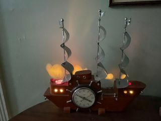 United Metal Goods Vtg Cherry Wood Mantle Ship Clock With Lights ‘60 