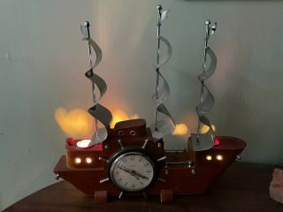United Metal Goods Vtg cherry wood mantle ship clock With Lights ‘60 ' s? 2