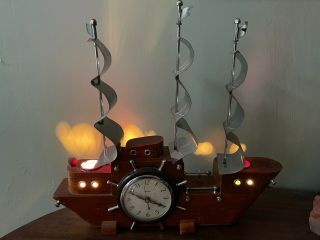 United Metal Goods Vtg cherry wood mantle ship clock With Lights ‘60 ' s? 3