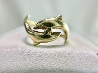 Vintage Estate 10k Yellow Gold Double Dolphin Animal Love Ring Size 8.  50