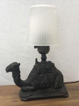Antique Vtg Cast Iron Camel Lamp 1920s Art Deco Egypt Moroccan Small Glass Shade