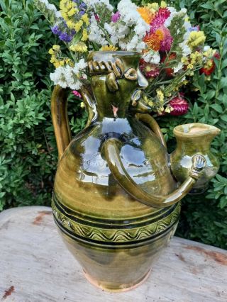 Vintage Handmade Pottery Ceramic Green Glaze Crock Jug Decanter 60s Rare