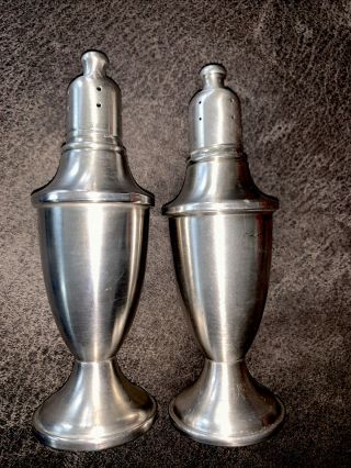 Vintage Set Of Web Pewter Weighted Salt & Pepper Shakers Glass Insulation 5 1/2”
