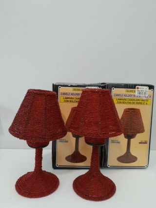 2 Vtg Beaded Votive Candle Holder Tea Light Lamp Shade Set Red Glass Beads 8 "