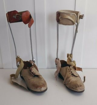 Vintage Polio Leg Brace Shoe Leather & Metal Medical Steampunk Pair With Shoes