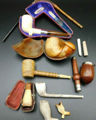 Cased Meerschaum Pipe Sterling Silver Band,  Amber Mouth Piece, .  Plus Other Items