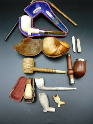 Cased Meerschaum pipe sterling silver band,  Amber mouth piece, .  plus other items 2