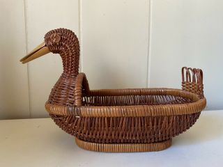 Vintage Duck Shaped Woven Rattan Wicker Basket Planter With Wooden Beak 11 " X5 "
