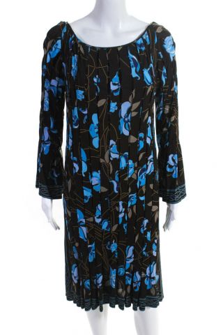 Emilio Pucci Womens Vintage Floral Jersey Pleated Midi Dress Brown Size M