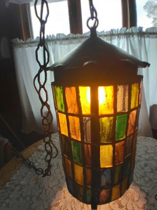 Vintage Arts And Crafts Hanging Stained Glass Lamp