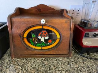 Vintage Wooden Bread Box Stained Glass Mushrooms Painted Design Rare Art Deco
