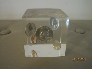 Vintage Square Lucite Paperweight W/ 5 Us Coins Embedded
