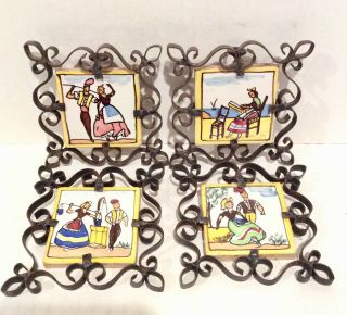 4 Spanish Tiles Scenes Of Daily Life In Wrought Iron Frames,  Small & Cute