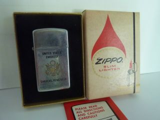 Vintage 1979 Slim Zippo Lighter United States Embassy Caracas Venezuela W/ Box