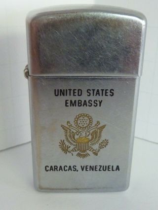 Vintage 1979 Slim ZIPPO Lighter UNITED STATES EMBASSY Caracas Venezuela w/ Box 3