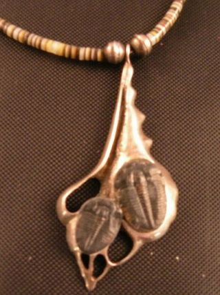 Vintage Native American,  Sterling Silver Fossil Trilobites With Beaded Necklace