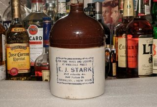 Rare Antique Stoneware Whiskey Jug Bottle Brooklyn York Advertising Ej Stark