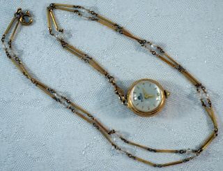 Vintage Bucherer Ball Enamel Flower Pendent Watch Gold Filled Chain Box