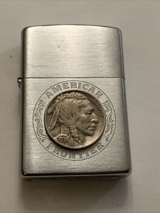 1995 Zippo Lighter American Frontier Indian Head Nickel 1936 2