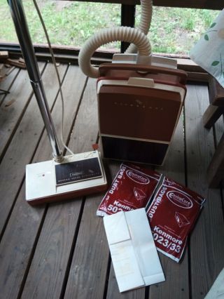 Vtg Sears Kenmore Woodgrain Magicord Power - Mate Canister Vacuum Cleaner W/ Bags