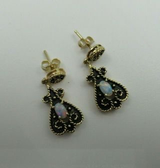 Pair Vintage Opal 14k Yellow Gold Florentine Drop Dangle Pierced Earrings 3.  9 Gr