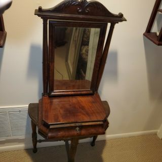 Antique Table - Top Vanity Mirror Single Drawer Mahogany W Lock 1890 - 1910