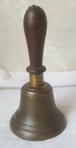 Vintage Mcm Hand Turned Maple Wood Calling Dinner Bell School Brass Exc Quality