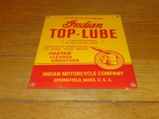 Vintage " Indian Top - Lube Motorcycle Oil " 11 " Porcelain Metal Chief Gasoline Sign