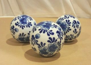 Vintage Set 3 Hand Painted Blue & White Floral Porcelain Carpet Balls 3 "