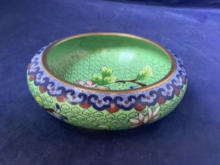 Vintage Chinese Cloisonne Brass Enamel Trinket Dish Green Blue & Flowers 4 1/2”
