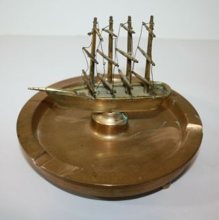 Antique Brass Ashtray With Center Brass Ship 6.  25 "