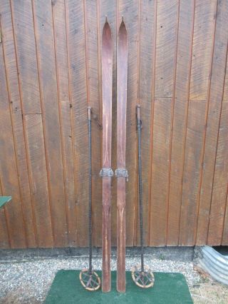 Vintage Patina Skis 82 " Long With Metal Bindings And Old Bamboo Poles