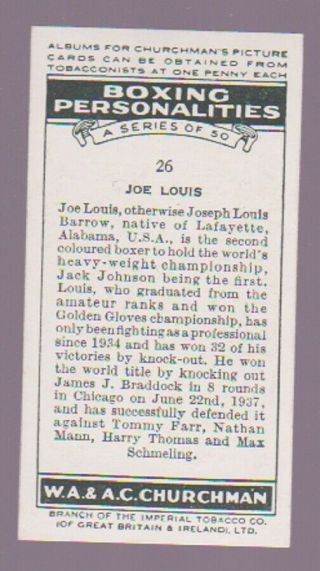 CHURCHMAN BOXING PERSONALITIES CIGARETTE CARD 26 1938 - JOE LOUIS 2