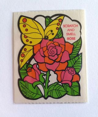 RARE Vintage Mello Smello Scratch & Sniff Smell Sticker Rose Flower MATTE 3