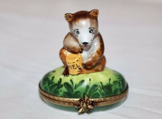 Limoges France Porcelain Hinged Trinket Box Bear With Honey Jar Peint Main